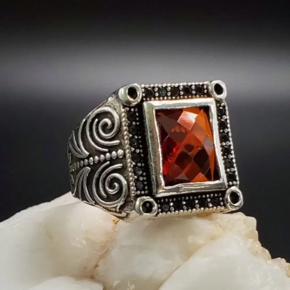 Men's Jewelry Solid Silver 925 Ring Natural Garnet/Black Topaz Man
